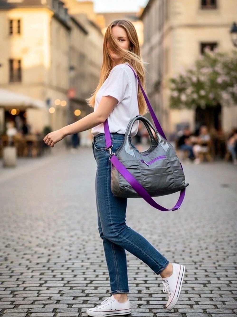 Athleta Gym Duffel Gray & Purple Shoulder Bag